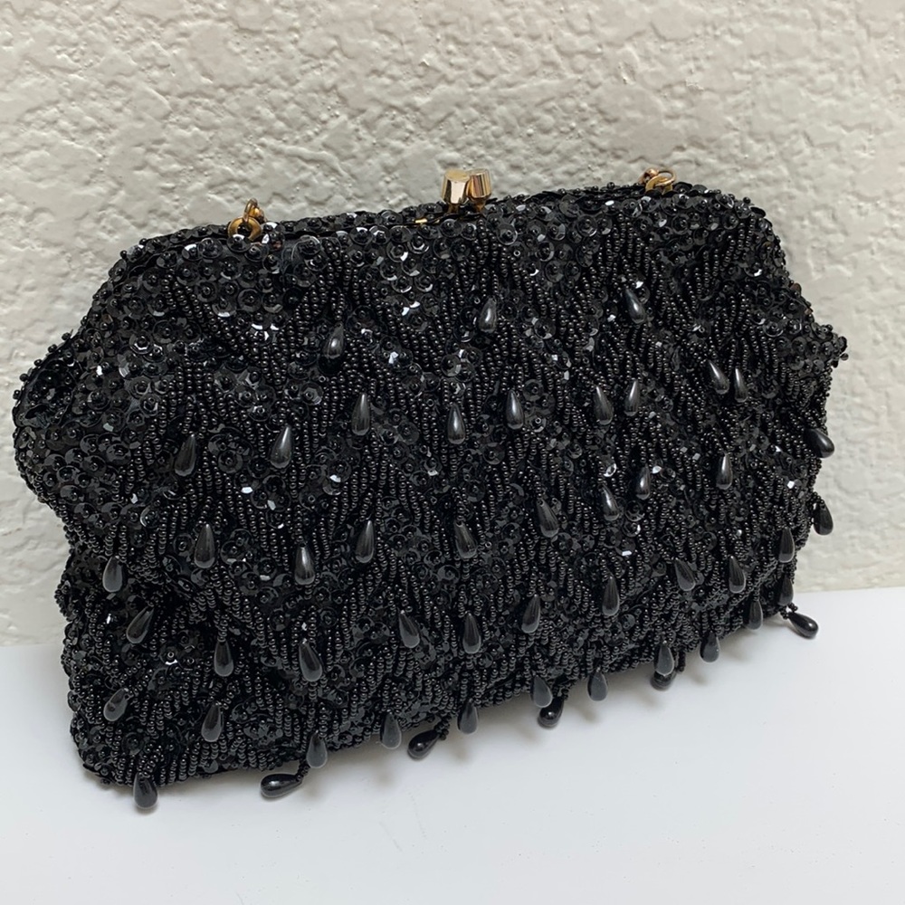 Black beaded crystal wristlet or clutch evening bag
